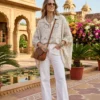 Oversized Beige/Navy Printed Cheesecloth Cotton Top