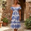 Blue, Red, Or Green Print Floral Off The Shoulder Midi Dress