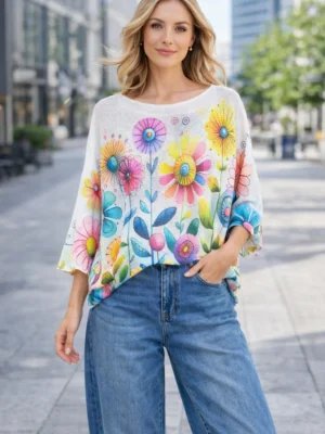 Daisy Retro Print Fine Mesh Top