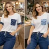 Light Or Dark Denim Pocket And Sleeve Trim With Sequin Detail Cotton T-Shirt