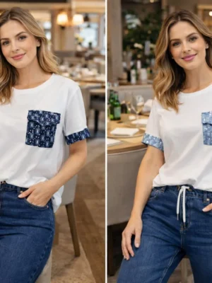 Light Or Dark Denim Pocket And Sleeve Trim With Sequin Detail Cotton T-Shirt