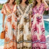 Orange Palm Print Linen Mix V - Neck Maxi Dress