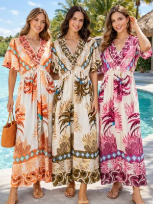 Orange Palm Print Linen Mix V - Neck Maxi Dress