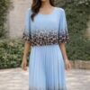 Light Blue, Cerise Pink, Or Navy Animal Print Pleated Long Dress