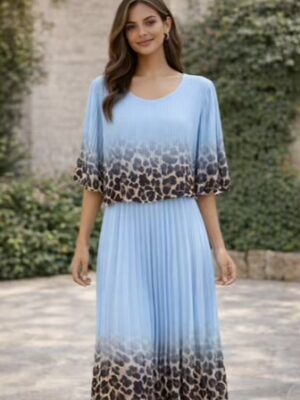 Light Blue, Cerise Pink, Or Navy Animal Print Pleated Long Dress