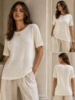 Cream Or Pink Diamante Embellished Short Sleeve Plain Back Top