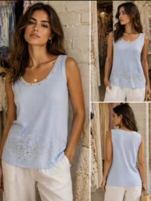 Blue, Pink, Or Black Diamante And Pearl Embellished Vest Cotton Mix Top