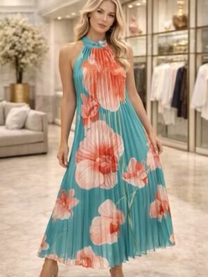 Green Floral Or Jade Art Print Pleated Maxi Dress