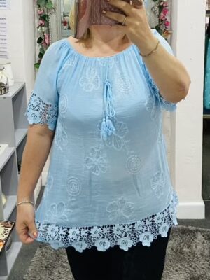 Pale Blue Or White Sequin Floral Detail Cotton Mix Top