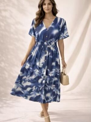 Mixed Blue Leaf Print Tiered Midi Dress
