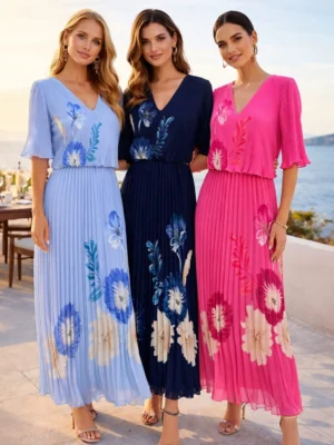 Navy Orchid Print V Plisse Pleated Maxi Dress