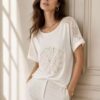 Light Beige Sequin Flower Lace Shoulder Detail Top