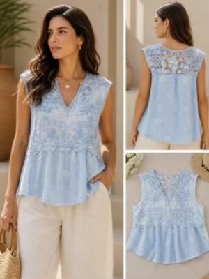 Floral Lace With Part Lace Back Detail Cotton Vest Top In Black, Light Blue, Or White