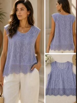 Cornflower Blue Or Pink Floral Lace Detail Vest Cotton Top