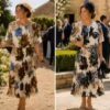 Grey Or Brown Large Floral Pleated Dress With Elasticated Waist