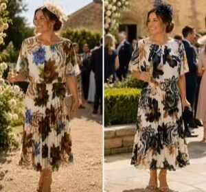 Grey Or Brown Large Floral Pleated Dress With Elasticated Waist