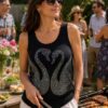 Black Or Beige Diamante Swan Detail Vest Top