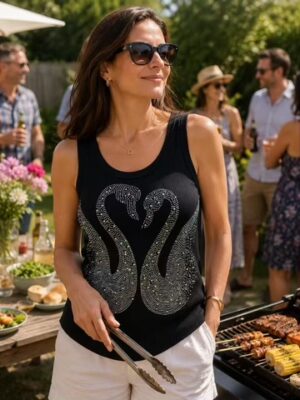 Black Or Beige Diamante Swan Detail Vest Top