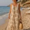 Beige Swirl Print Lace Cotton Mix Long Dress