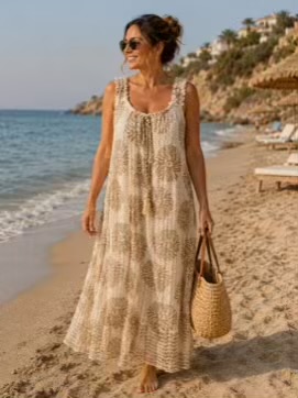 Beige Swirl Print Lace Cotton Mix Long Dress