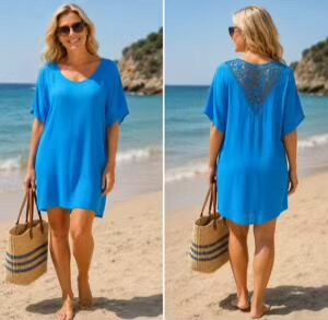 Plain Turquoise Dress With Lace Back Detail With Pockets
