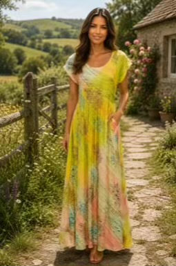 Citrus Floral Print Tie Dye Long Dress