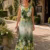 Green Or Beige Floral Print Pleated Sleeveless Long Dress With Belt