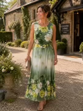 Green Or Beige Floral Print Pleated Sleeveless Long Dress With Belt