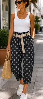 Spotted 3/4 Belted Trousers In Cream, Khaki, Or Black