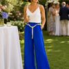 Beige Or Royal Blue Plain Wide Leg Trousers With Rope Belt