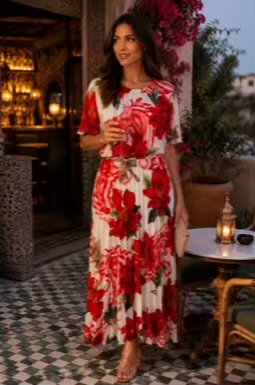 Red Large Floral Print Pleated Long Dress Various Colours
