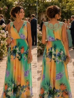 Green/Yellow  Lace Strap Detail Large Floral Print Maxi Dress