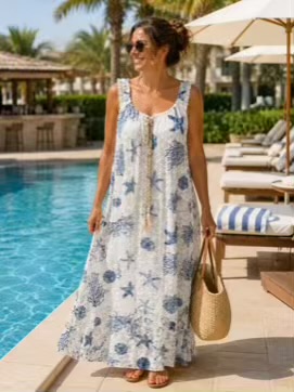 White Lace With Blue Shell Print Long Cotton Mix Dress