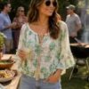 Blue/Multi Pink/Multi Or Green Lace Top With 3/4 Frill Sleeve