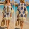 Navy And Gold Floral Lace Detail Hobo Cotton Mix Dress With Tassel Detail