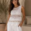 White Crochet Sleeveless, With Multi Coloured Shell Detail Cotton Mix Top