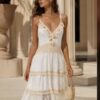 Cream/Beige Lace Boho Style Cotton Mix Dress With Pom Pom Tassel Detail