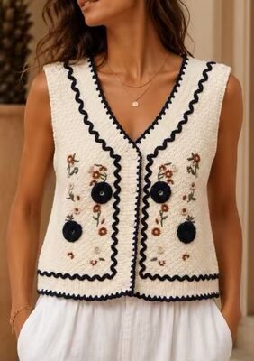 Cream Navy Floral Detail Sleeveless Knitted Top