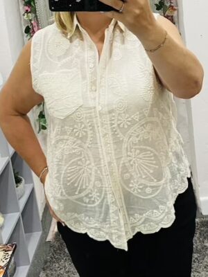 Cream Or White Sleeveless Button Front With Pocket Detail Cotton Top