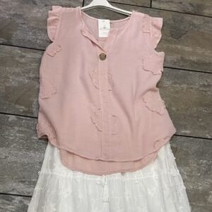 Pink 3D Floral Detail Frill Cap Sleeve Cotton Top