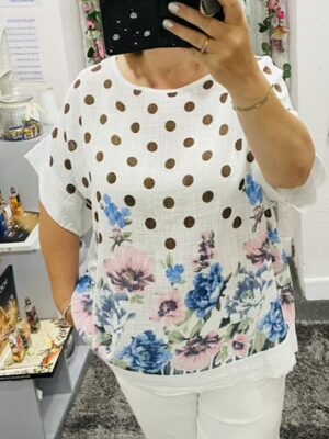 Floral Polka Dot Print Oversized Cotton Top In Various Colours