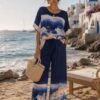 Santorini Coastal Print 2 Piece Set In Khaki, Navy, Or Black