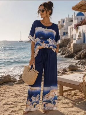Santorini Coastal Print 2 Piece Set In Khaki, Navy, Or Black