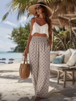 Polka Dot Print Palazzo Trousers In Brown, Navy, Or Black