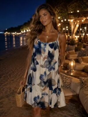 Navy, Mint, Or Pink Tropical Bloom Strappy Sundress
