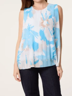Blue Or Lemon Floral Plisse Sleeveless Blouse