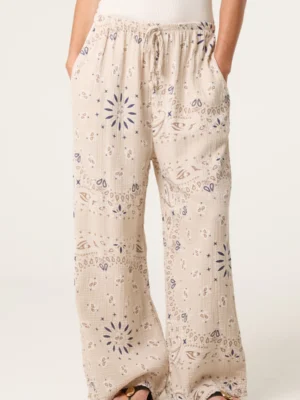 Beige Or Navy Bandana Print Cotton Trousers
