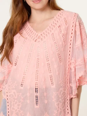 Pale Pink Crochet And Lace V-Neck Cotton Mix Top
