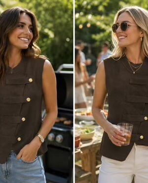 Beige Or Chocolate Brown Gold Button Detail Sleeveless Top