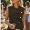 Beige Or Chocolate Brown Gold Button Detail Sleeveless Top